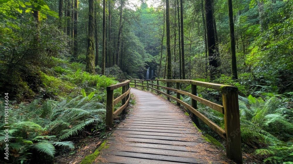 Serene Forest Pathway with Waterfall