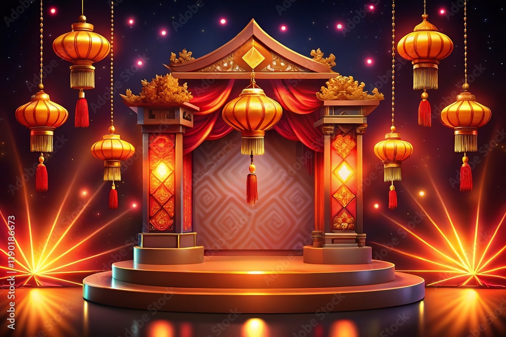 gold podium with carpet and stars Chinese New Year themed color podium square type gold podium with carpet and stars Chinese New Year themed color podium square type