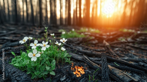 Wallpaper Mural Wildfire Forest Recovery Concept, Blooming Wildflowers on Forest Floor After Recovery from Fire at Sunrise Torontodigital.ca