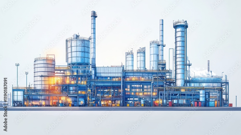 Obraz premium Industrial complex, refinery, factory, at night.