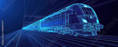 Blue wireframe design emphasizing the sleek, streamlined form of a train on rails.