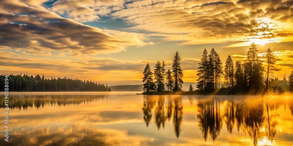 Fototapeta premium Golden Sunrise Over Serene Lake with Silhouetted Pine Trees Reflecting in Calm Waters
