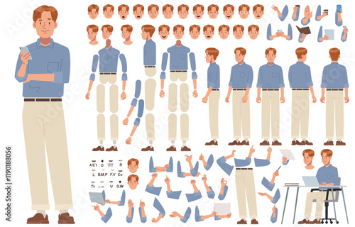 Young business man character constructor. Clerk or entrepreneur. Set of different positions of arms legs head and body for creating animation