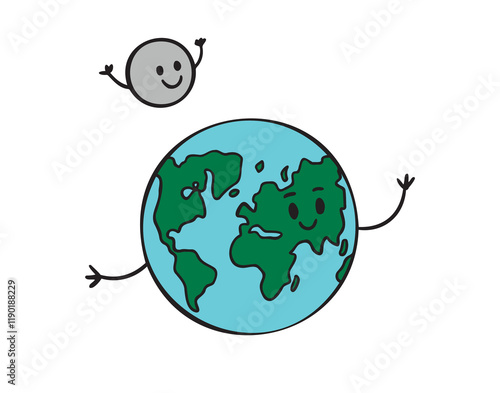 happy earth planet and smiling moon cartoon hand drawn illustration. Planet character for posters, postcards, prints, apparel, clothes