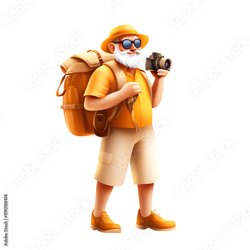 Cheerful traveler with a camera, backpack, and sunglasses, ready for adventure. photo