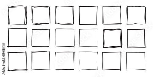 Hand drawn square frames. Doodle line square frame. Vector borders grunge template set.