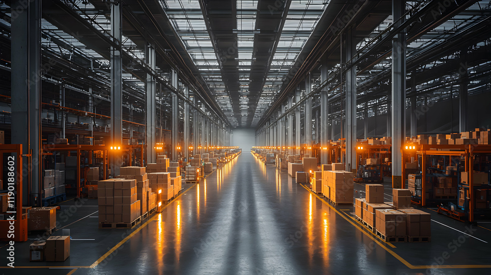 Fototapeta premium Warehouse operations overview industrial setting photography nighttime wide-angle efficiency in logistics