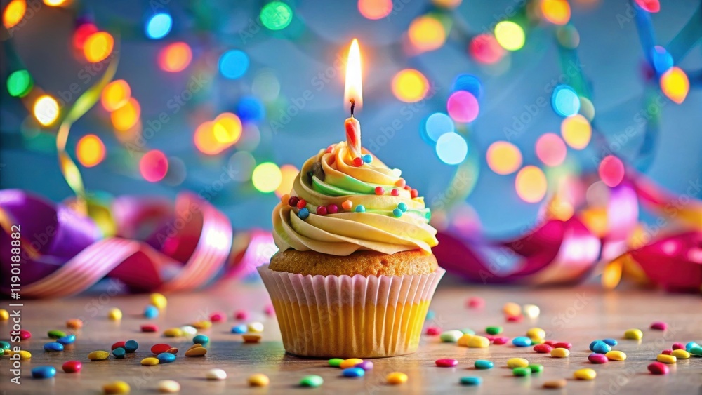 Colorful birthday cupcake on a light table with a burning candle in front of it, surrounded by decorative candles and confetti , colorful objects, cupcakes Colorful birthday cupcake on a light table with a burning candle in front of it, surrounded by decorative candles and confetti , colorful objects, cupcakes