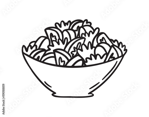 Bowl of salad doodle hand drawn icon. Outline drawing bowl of fresh salad line clipart symbol