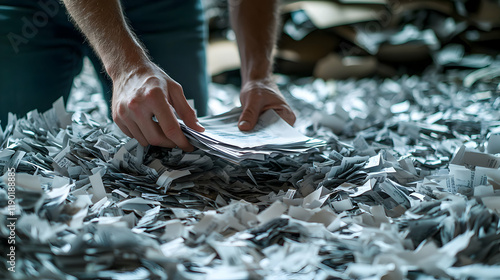 Shredding paper waste office space photography indoor environment close-up view environmental awareness