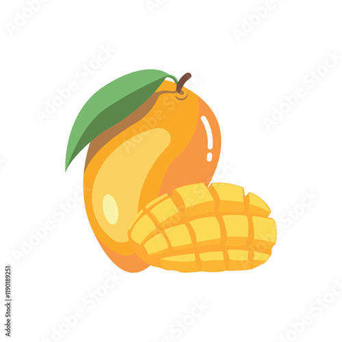 Mango fruit and cut mango fruit vector illustration isolated on white background.