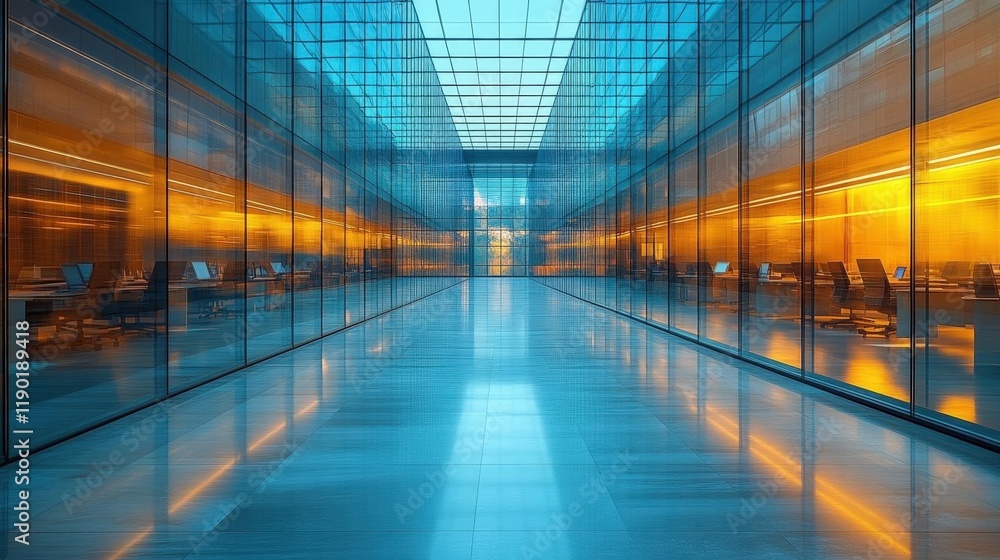 Modern Office Interior with Glass Walls and Reflective Floors. A Contemporary Corridor Design with Bright Illumination and Geometric Lines creating a Modern Office Interior with Glass Walls and Reflective Floors. A Contemporary Corridor Design with Bright Illumination and Geometric Lines creating a