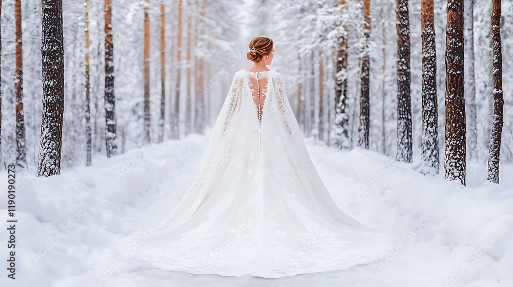 Bride in snowy forest, back view, winter wedding dress. Bride in snowy forest, back view, winter wedding dress.