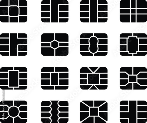 EMV chip icon set. Line, glyph and filled outline, mobile telephone Microchip for bank plastic credit or debit charge or sim card. Digital Nfc technology. Contactless payment at terminals and ATMs.
