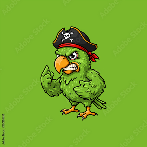 A cartoon illustration of an angry green parrot wearing a pirate hat and bandana.