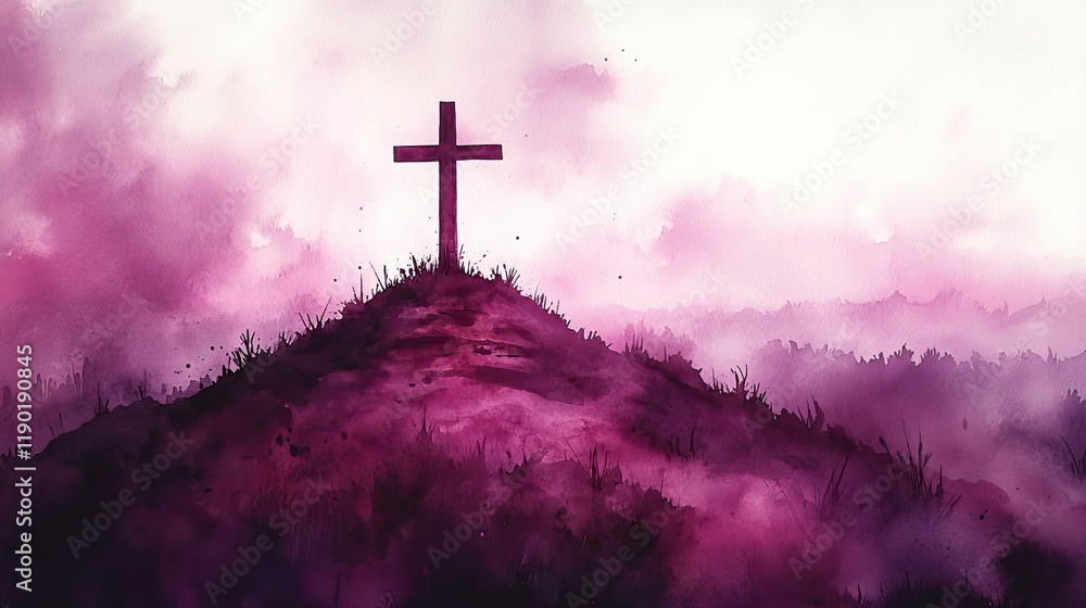 Obraz premium A simple watercolor painting of a cross on a hill with a dotted background in purple tones