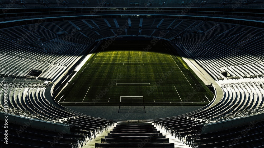 Fototapeta premium An aerial view of an empty stadium with perfectly arranged seating rows, showcasing the large, open space with no people