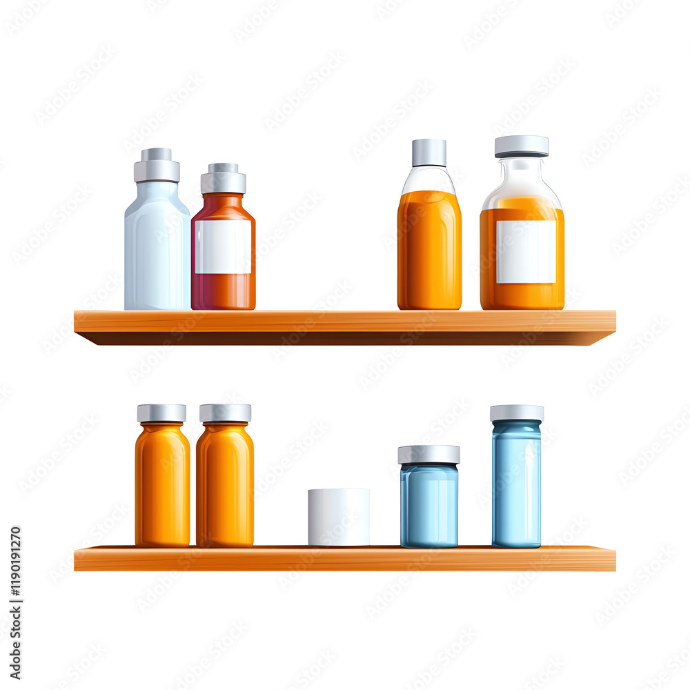 Shelves with various medicine bottles on a white isolated background Shelves with various medicine bottles on a white isolated background