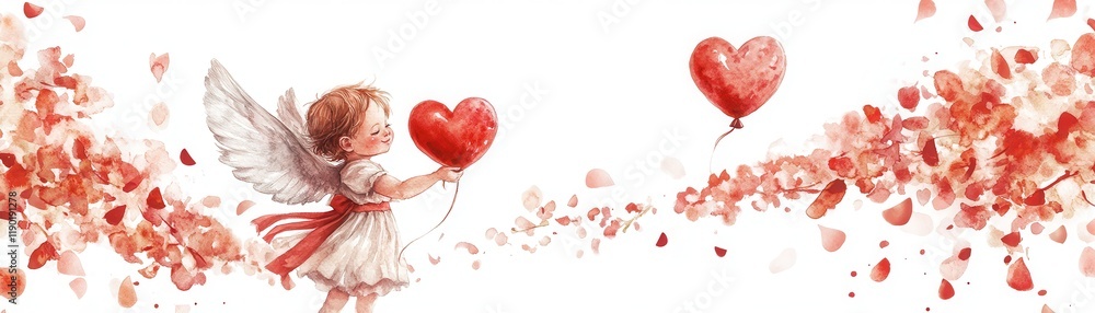 Fototapeta premium Cute Cupid Holding Heart Balloon Surrounded by Flowers in Soft Pastel Colors, Perfect for Valentine's Day or Romantic Themes, White Background