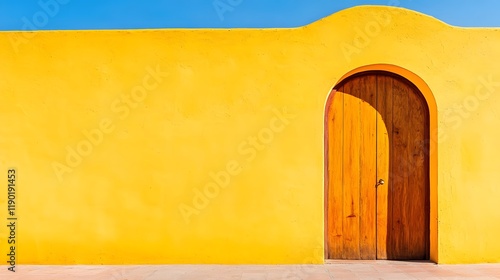 Vivid Yellow Wall with Wide Open Door Revealing Bright Sky Outdoors