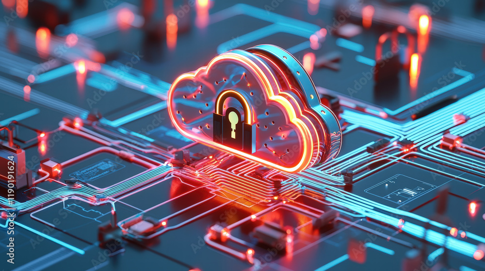 Fototapeta premium futuristic representation of secure cloud network with glowing elements, showcasing advanced technology and data protection. vibrant colors and intricate design evoke sense of innovation and