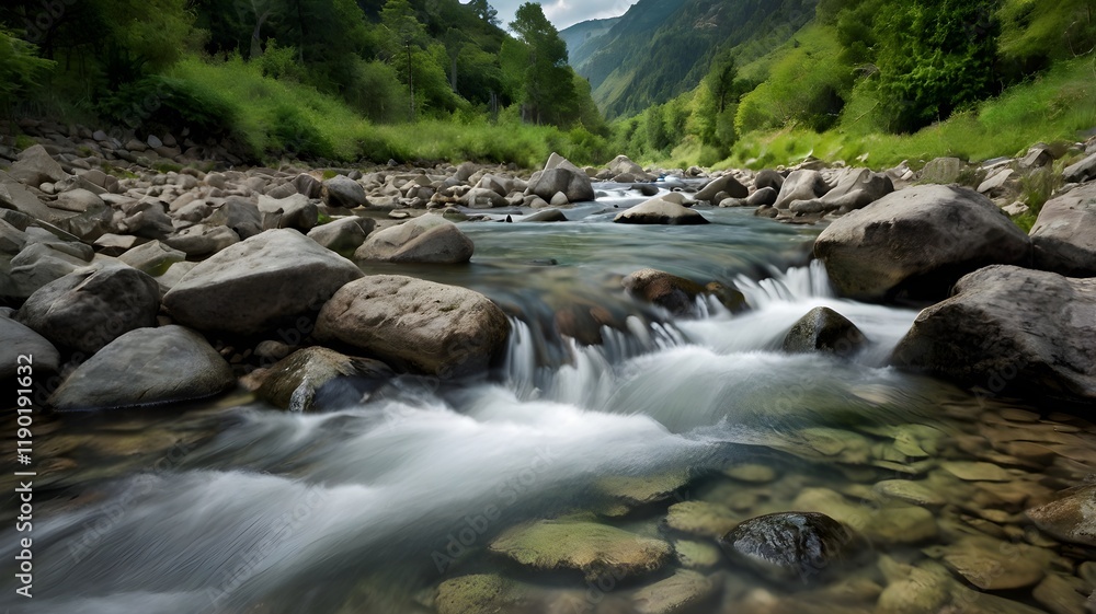 A solitary mountain stream flowing through lush greenery A solitary mountain stream flowing through lush greenery