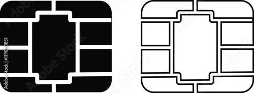 EMV chip icon set. Line, glyph and filled outline, mobile telephone Microchip for bank plastic credit or debit charge or sim card. Digital Nfc technology. Contactless payment at terminals and ATMs.