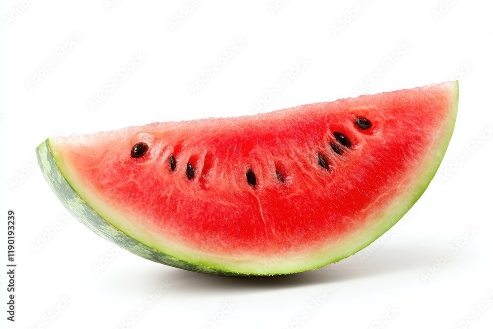 A vibrant slice of watermelon rests on a clean white surface, showcasing its juicy red interior and textured green rind. A vibrant slice of watermelon rests on a clean white surface, showcasing its juicy red interior and textured green rind.