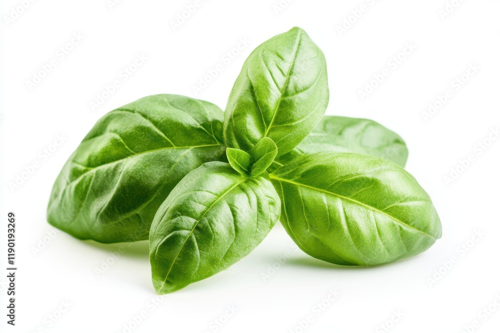 Two fresh green basil leaves are elegantly positioned on a clean white surface, showcasing their vibrant color and natural texture. Two fresh green basil leaves are elegantly positioned on a clean white surface, showcasing their vibrant color and natural texture.
