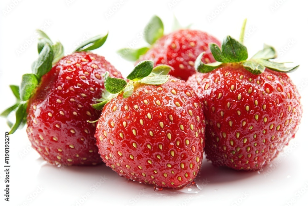 Three fresh strawberries with vibrant green leaves displayed on a clean white surface, showcasing their natural beauty and freshness. Three fresh strawberries with vibrant green leaves displayed on a clean white surface, showcasing their natural beauty and freshness.