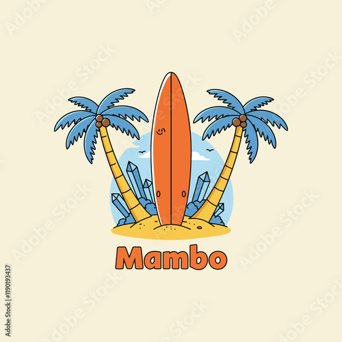 A stylized illustration depicts a smiling surfboard nestled between two palm trees on a sandy tropical island.