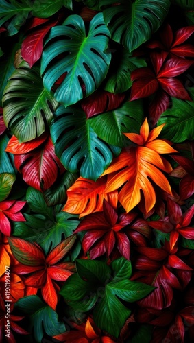 Red and green leaves with a red flower background in a seamless floral pattern