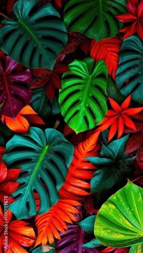 Seamless floral pattern with red and green leaves and flowers