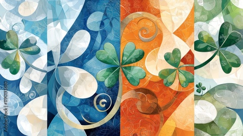 Colorful abstract artwork featuring clovers and floral patterns in vibrant shades of blue, orange, and green hues. St. Patricks Day.
