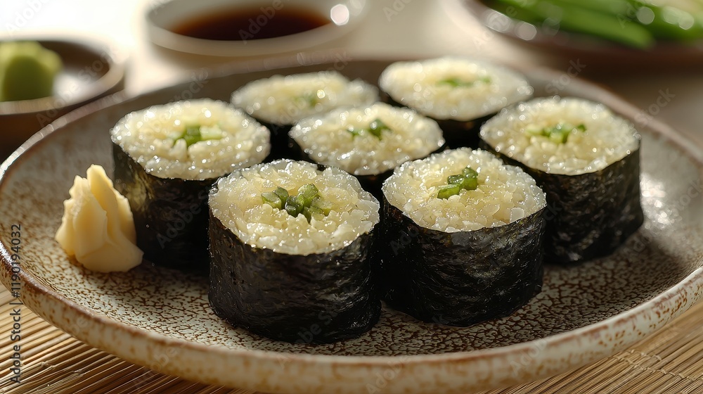 Eight pieces of sushi on a plate with wasabi and soy sauce. Eight pieces of sushi on a plate with wasabi and soy sauce.