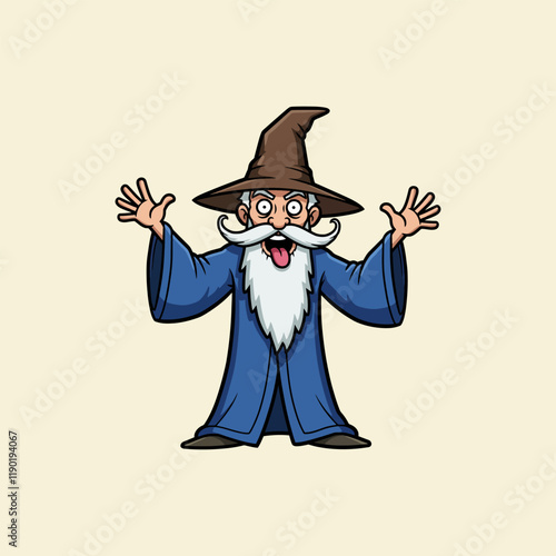 The image shows a comical cartoon wizard in a blue robe and brown hat expressing surprise with his arms outstretched.