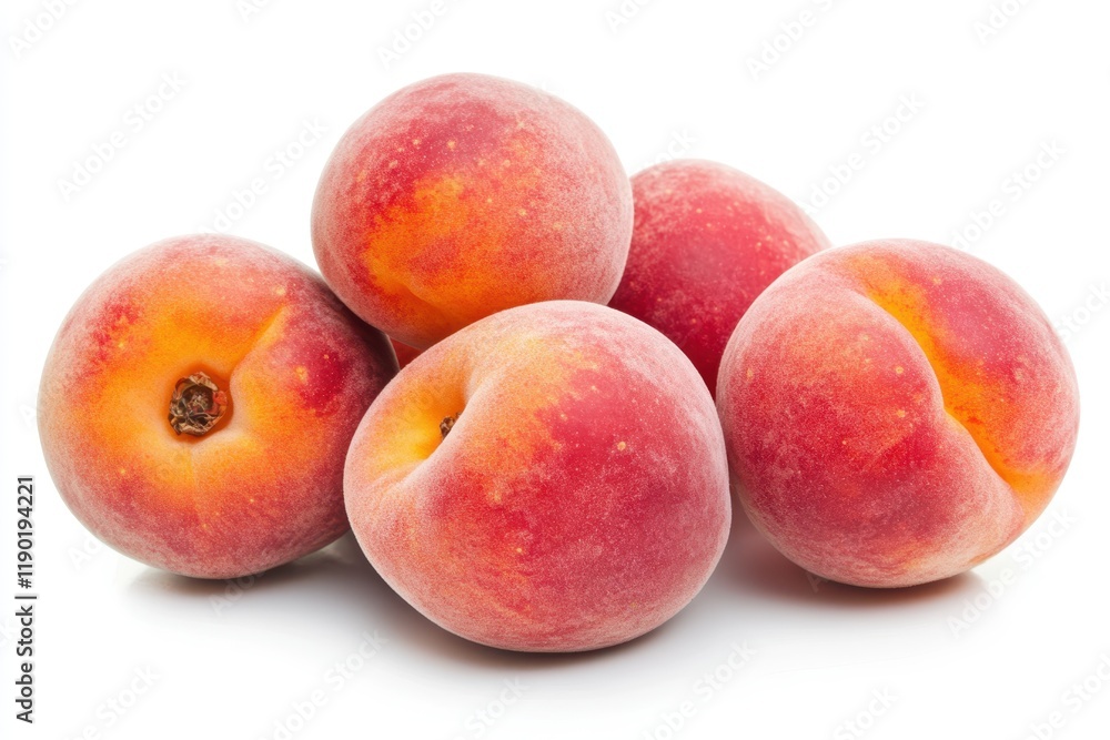 Five ripe peaches are stacked neatly on a white surface, showcasing their vibrant colors and smooth textures. Five ripe peaches are stacked neatly on a white surface, showcasing their vibrant colors and smooth textures.