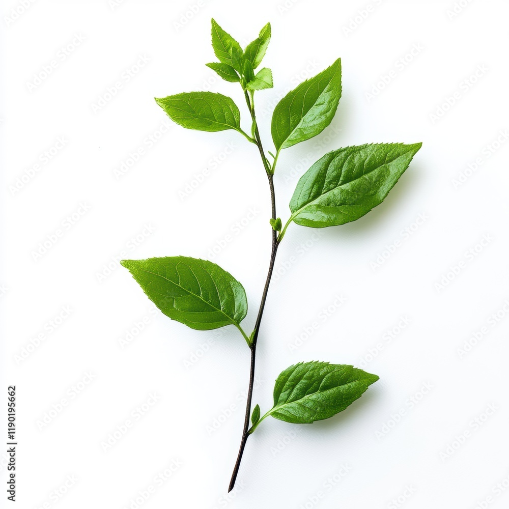 Fototapeta premium A delicate plant branch features vibrant green leaves, showcasing its natural beauty and vitality in a simple yet captivating composition.