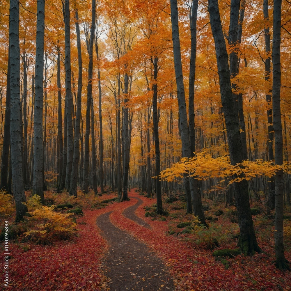 Fototapeta premium Autumn Forest: A dense forest with tall trees whose leaves are ablaze in shades of red, orange, and yellow, with a narrow dirt path covered in fallen leaves.