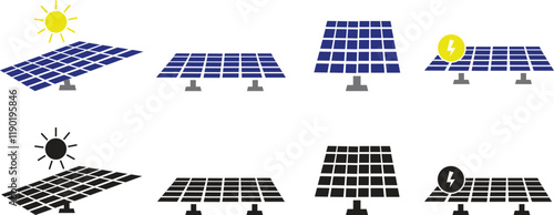 Solar system plates icon set. The main solar panel types flat and line vector of monocrystalline polycrystalline and thin film solar energy panel with Sun collection isolated on transparent background