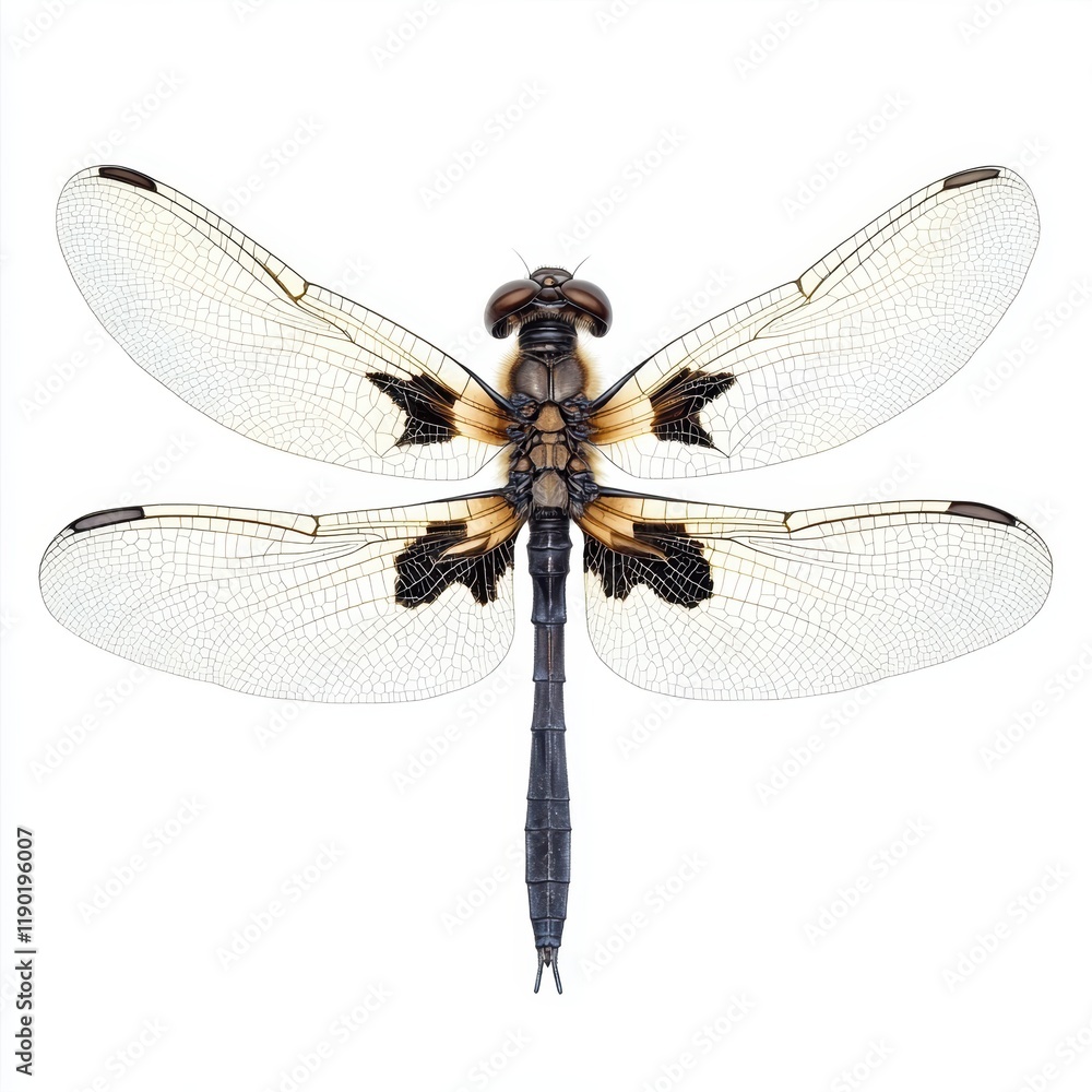 A striking dragonfly with a sleek black body and beautifully patterned brown wings, showcasing its delicate features and vibrant colors in nature. A striking dragonfly with a sleek black body and beautifully patterned brown wings, showcasing its delicate features and vibrant colors in nature.