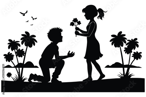 Silhouettes of a man proposing to a woman
