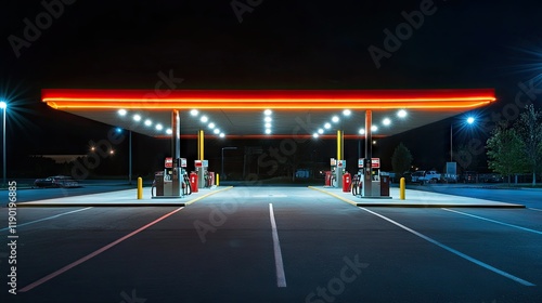 A deserted gas station at night with neon signage glowing and bright lights shining over the parking lot, creating a peaceful scene