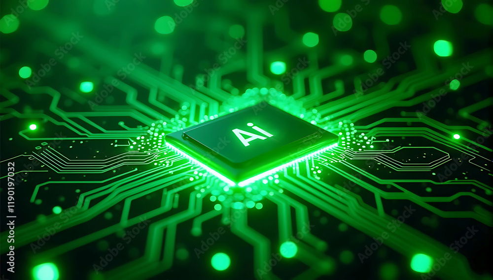 Bright green AI microchip glowing on a high-tech circuit board, symbolizing the integration of artificial intelligence in futuristic computing technologies. Bright green AI microchip glowing on a high-tech circuit board, symbolizing the integration of artificial intelligence in futuristic computing technologies.