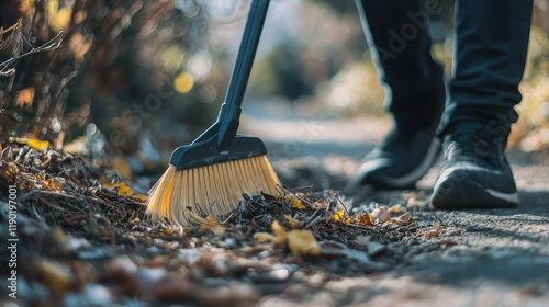 Wallpaper Mural A detailed shot of a person sweeping up dust and rubbish with a plastic broom, with the focus on the broom's bristles and movement Torontodigital.ca