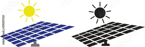 Solar system plates icon set. The main solar panel types flat and line vector of monocrystalline polycrystalline and thin film solar energy panel with Sun collection isolated on transparent background