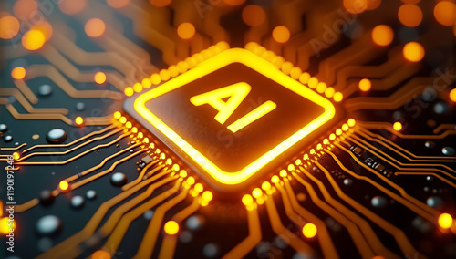 Bright yellow AI microchip glowing in a circuit board, highlighting advancements in artificial intelligence and cutting-edge technology for innovation and futuristic computing