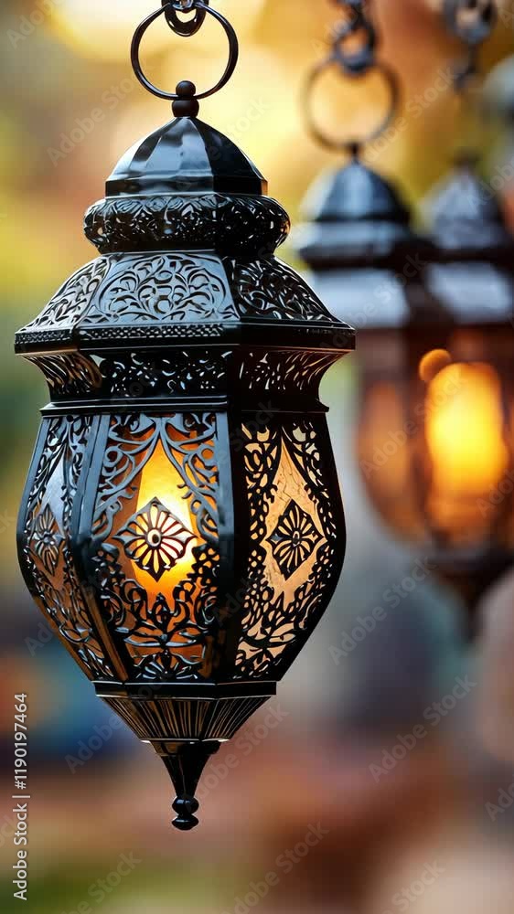 Ramadhan or Islamic Background. Illuminated Lanterns Hanging Gracefully in a Warm Sunset Glow, Creating a Magical Atmosphere Ramadhan or Islamic Background. Illuminated Lanterns Hanging Gracefully in a Warm Sunset Glow, Creating a Magical Atmosphere
