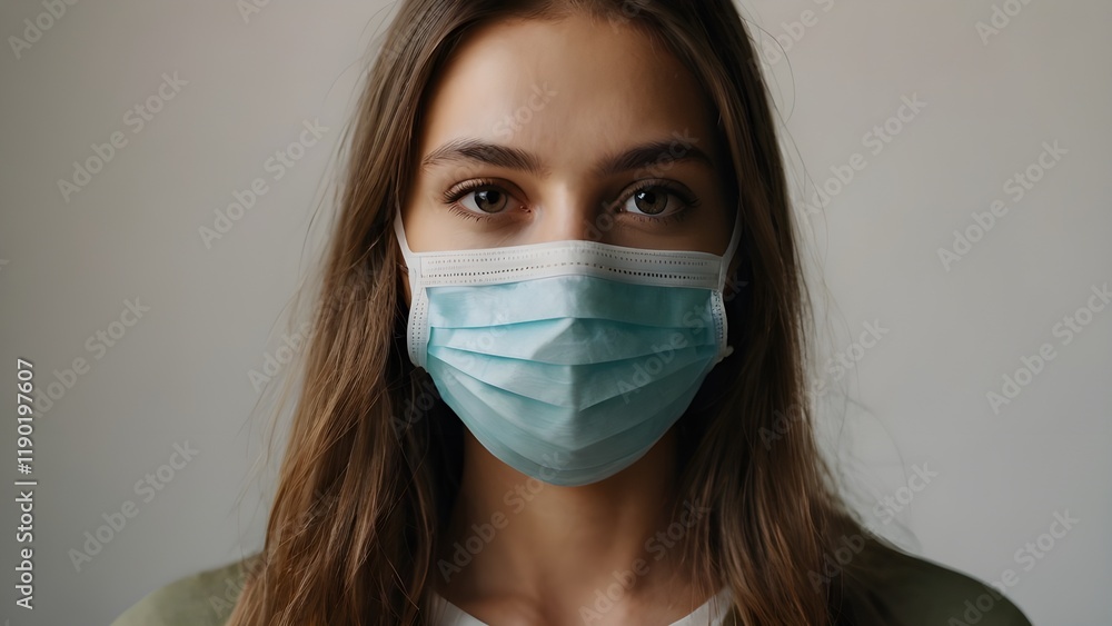 Realistic close-up portrait of young woman wears protective mask indoor. Realistic close-up portrait of young woman wears protective mask indoor.