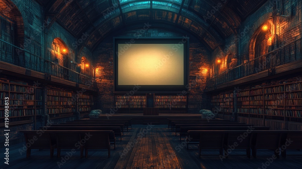 Obraz premium Atmospheric Library with Large Projection Screen and Comfortable Seating